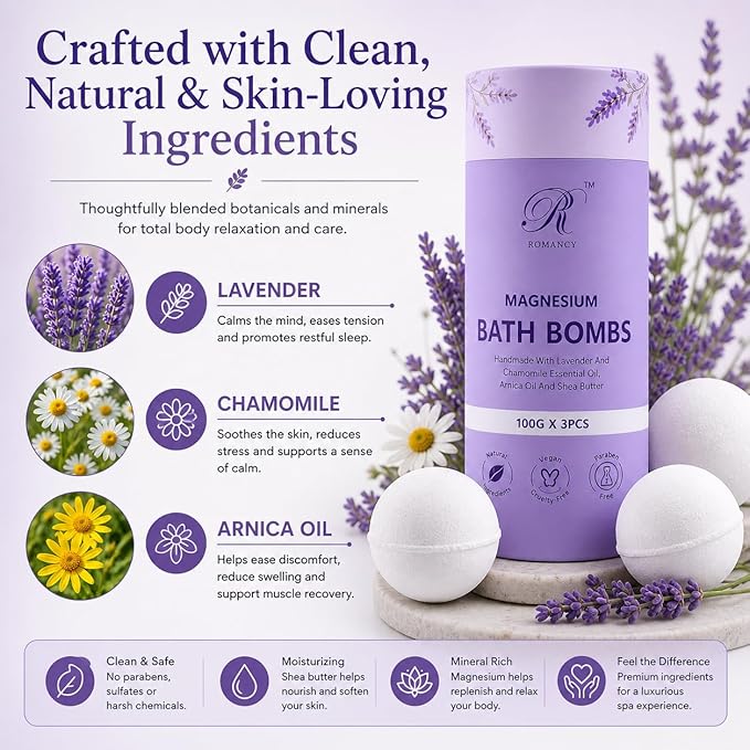 Magnesium Lavender Bath Bombs Gift Set – XL Epsom Salt Bath Bombs for Muscle Recovery, Stress Relief & Post-Workout Relaxation with Melatonin & Arnica Spa Gift for Women & Men Melatonin (Lavender)