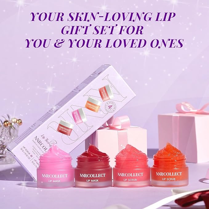 ANRCOLLECT Lip Scrub & Lip Mask - Overnight Treatment Lip Care Kits with 2 Lip Exfoliator & 2 Sleeping Lip Balm, Intense Hydration Lip Set for Dry Chapped Cracked Lips, Exfoliate & Moisturize (4 Pack)