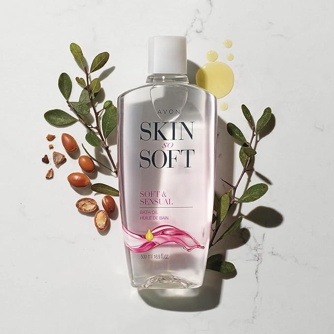 AVON Skin So Soft Soft & Sensual Bath Oil with Argan— Moisturizing Shower Oil for Dry Skin — Hydrating in & After-Shower Care for Women & Men —Non Greasy, Scented Bath and Body Essential, 16.9 fl oz
