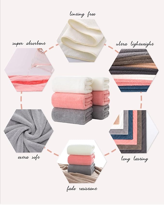 Lumimi Towels 6 Piece Multicolour Soft Microfiber Bath Towel Set Incredibly Absorbent Lightweight Quick Dry and Durable, 55" L x 27" W, 6 Pack Pink Red White Light Grey
