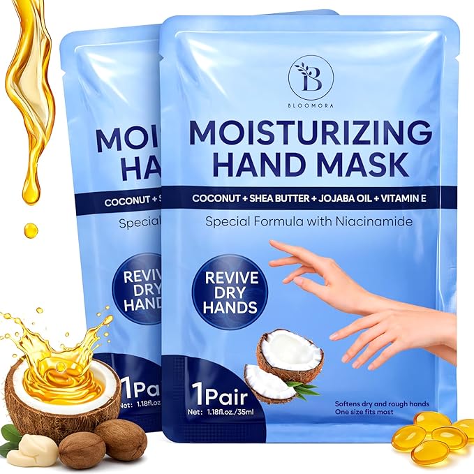 Repairing Hand Mask for Dry Cracked Hands, Hand Masks with Coconut, Shea Butter, Jojoba Oil & Vitamin E, Moisturizing Gloves, Skin Care Gifts for Women & Men, Self Care Gifts for Women (2 Pairs)