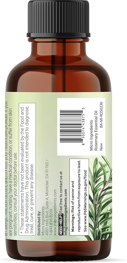 Micro Ingredients Rosemary Essential Oil for Hair, Scalp & Skin, 8 fl oz – 100% Pure & Natural with Dropper | Aromatherapy, Diffuser, Soap, Candle & Massage Use | Woody Herbal Aroma, Cruelty-Free