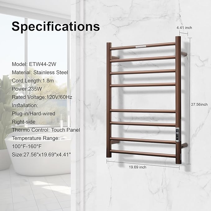 Electric Heated Towel Warmer - Wall Mounted Bathroom Towel Rack, Plug-in Design & Gold Brushed Stainless Steel Finish 8 Bar ORB with Timer & Temperature Control