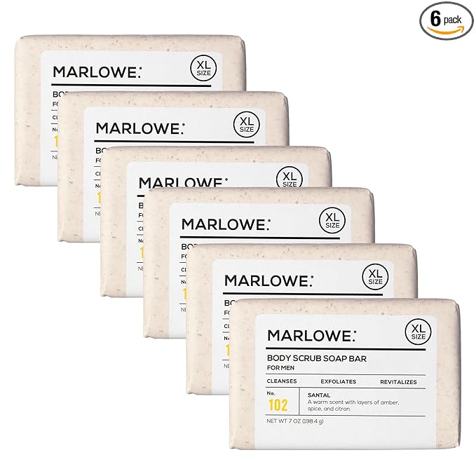 MARLOWE. No. 102 Body Scrub Soap 7 oz (6 Bars), Santal, Exfoliating Soap Bar with Shea Butter, Olive Oil & Green Tea Extracts, Cleanses, Smooths & Revitalizes Skin, Warm Amber, Spice & Citron Scent