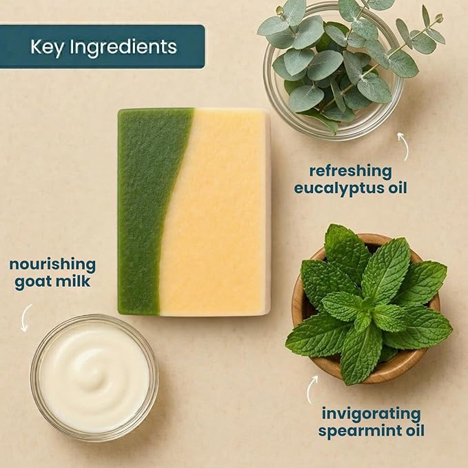 Eucalyptus Spearmint Soap Bar (3 Pack) - Goat Milk Soap for Men & Women - Natural, Handmade w/Real Milk - Dry Skin, Hands/Body - Premium, Gentle, No Dyes - (Large, 5oz)