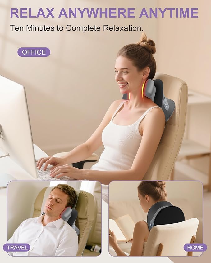 Shiatsu Neck Massager with Heat, Cordless Portable Cervical Traction Device with 10-Minute Timer for Full Body Muscle Pain Relief, Electric Deep Tissue Kneading Massage Pillow(Black)