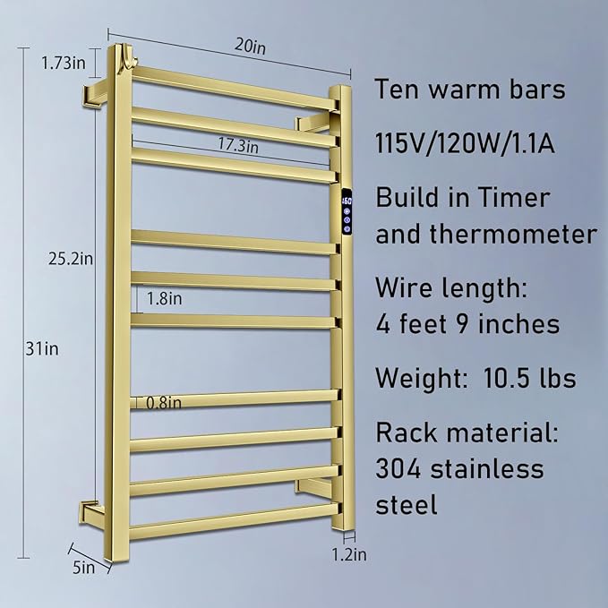 XBVV Towel Warmer Rack for Bathroom with Timer/Fahrenheit Temperature Control Wall Mounted Electric Heated 10 Bar Rail Plug-in or Hardwired Keep Bath Shower Towel Warming (Brushed Gold)