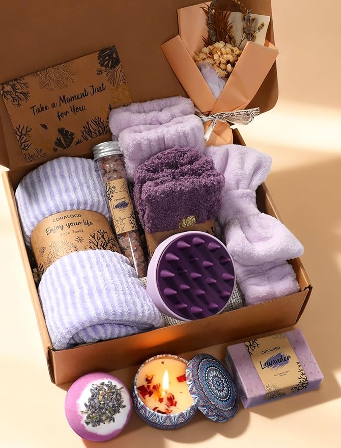 Coralogo Lavender Spa Gift Baskets - Mothers Day Gifts Natural Pampering Spa Set, Self-Care Get Well Soon Basket,Thank You Gifts, Unique 11pcs Gift Set for Women Wife Mom Her Birthday
