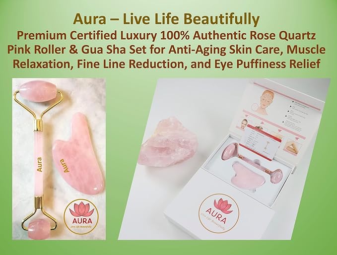 Premium Certified Luxury 100% Authentic Rose Quartz Pink Roller & Gua Sha Set for Anti-Aging Skin Care, Muscle Relaxation, Fine Line Reduction, and Eye Puffiness Relief