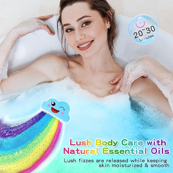 Rainbow Bath Bombs for Kids, Handmade 4 Pcs Kids Bath Bombs Gift Set for Girls Teens Toddler Rainbow Bubble Fizzy