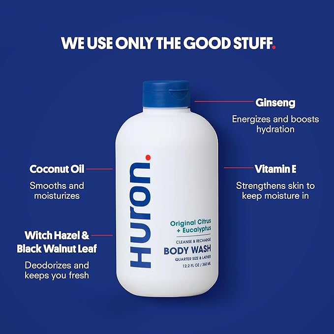 Huron Body Wash for Men and Women, Hydrating Daily Cleanser with Sea Salt + Driftwood & Sandalwood + Amber, Moisturizing Shower Gel, non-toxic, Phthalate-Free Clean Ingredients, 11.3 fl oz (Pack of 2)