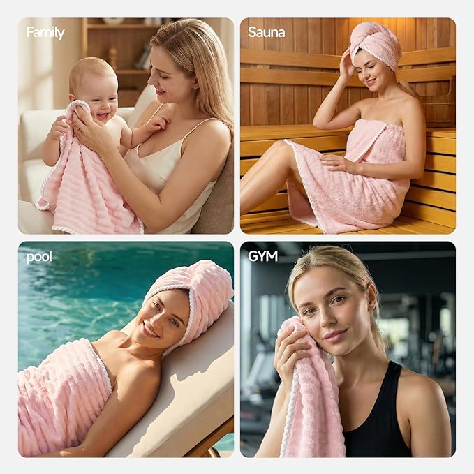 REDKISS Soft Bath Towel Sets 8-Piece, Microfiber Quick Dry & Absorbent, 35x70 in Large Bath Sheet 14x30 in Hand Towel, 12x12 in Washcloth, Pink Bathroom Towel Set