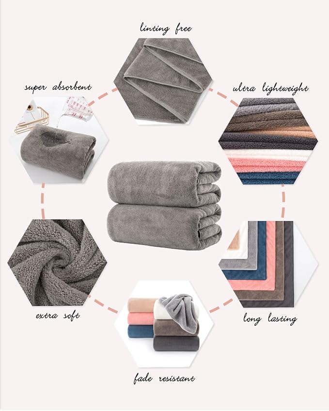 Lumimi Towels 2 Piece Soft Microfiber Bath Towel Set Salon Gym Yoga Travel Super Absorbent Lightweight Quick Dry and Durable, 55" L x 27" W, 2 Pack Elegant Grey Brown