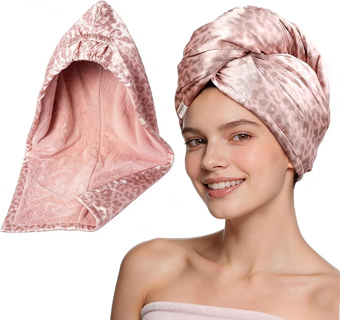 YANIBEST Satin Microfiber Hair Towel Wrap for Women, Fast Drying, Ultra Absorbent, Head Turban with Elastic for All Hair Types, Pickleopard