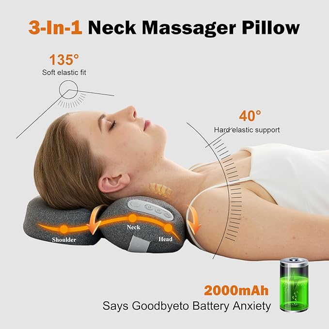 3-in-1 Neck Massager with Heat, Portable Cordless Neck Massager for Pain Relief Deep Tissue, 4D Kneading Shiatsu Neck and Shoulder Massager Pillow, Mothers Day Gift, Mom Gifts