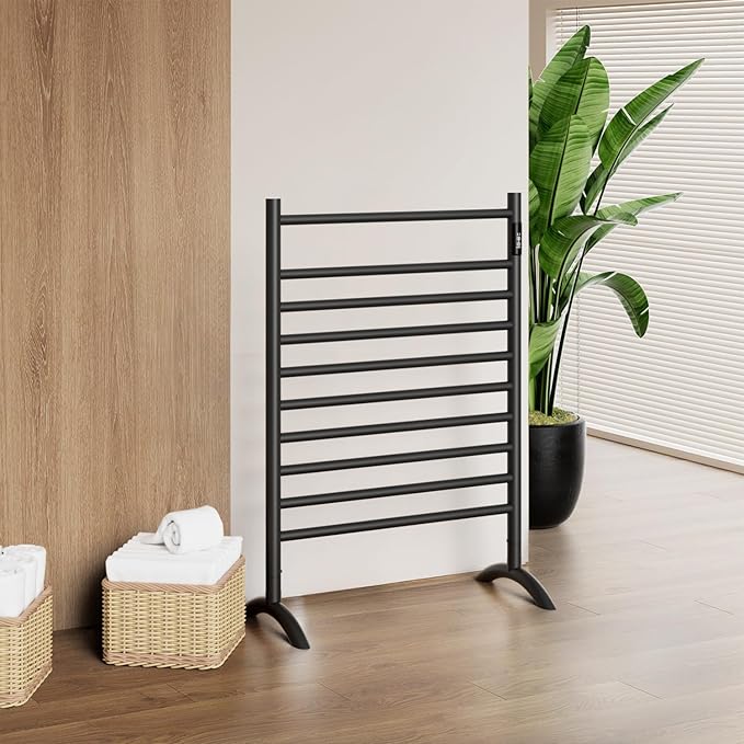 Freestanding Towel Warmer 10 Bars Plug-in Option 3 Working Modes Black Stainless Steel 24" W 34" H