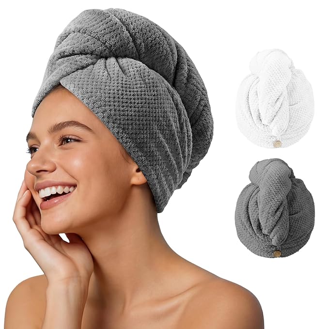 Umisleep 2 Pack Microfiber Hair Towel Wrap for Curly Hair, Super Absorbent Hair Drying Towel for Women, Kids, Hair Care Accessories, Hair Turban for Wet Hair (Grey, White)