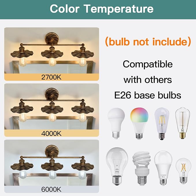 ZGLAOJT 3 Light Vintage Vanity Light Oil Rubbed Bronze Bathroom Light Fixtures Over Mirror.