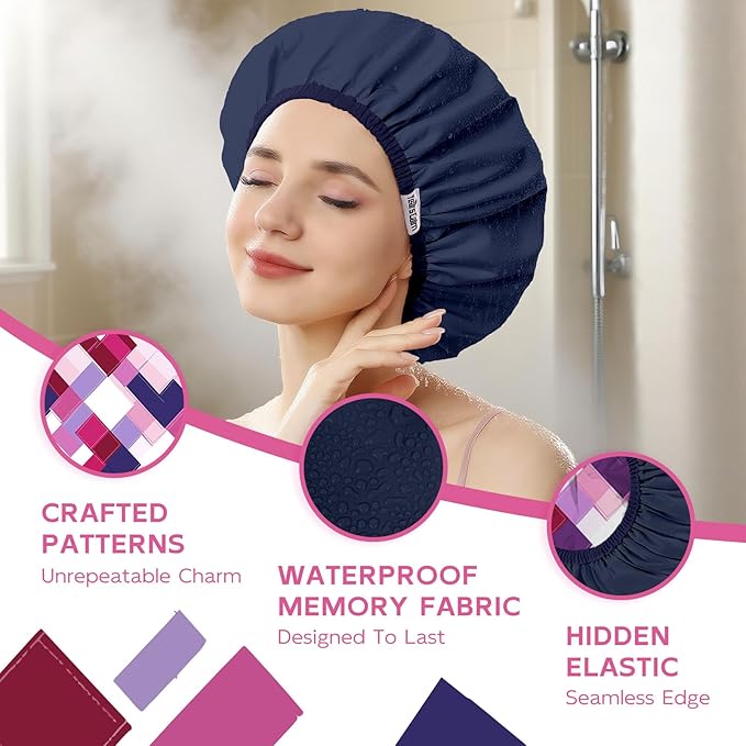 Years calm Waterproof Shower Cap for Women - Double-Layer Reusable Bath Cap with Elastic Band for Long/Short/Curly/Braids Hair, Washable & Travel-Friendly, Fit for Shower, Spa (Geometric Shower Cap)