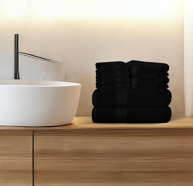 Avalon Towels Luxury 8 Piece Black Towels Set, 2 Bath Towels, 2 Hand Towels and 4 Washcloths, 600 GSM 100% Ring Spun Cotton Highly Absorbent Black Bathroom Towels, Ideal for Hotel, Spa and Gym