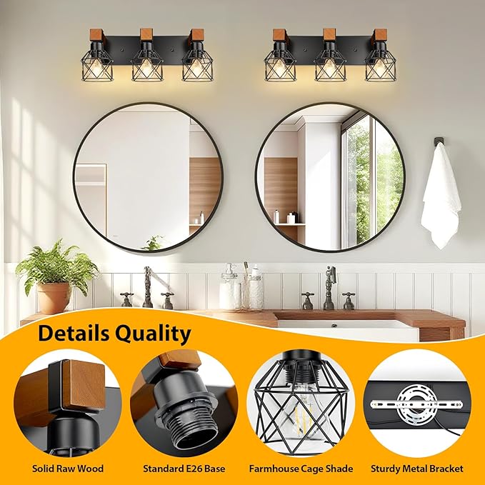 3-Light Farmhouse Vanity Lights for Bathroom, Rustic Wood Bathroom Vanity Lighting Fixtures Over Mirror, Vintage Black Wall Mounted Lamps with Metal Cage for Living Room, Bedroom, Hallway