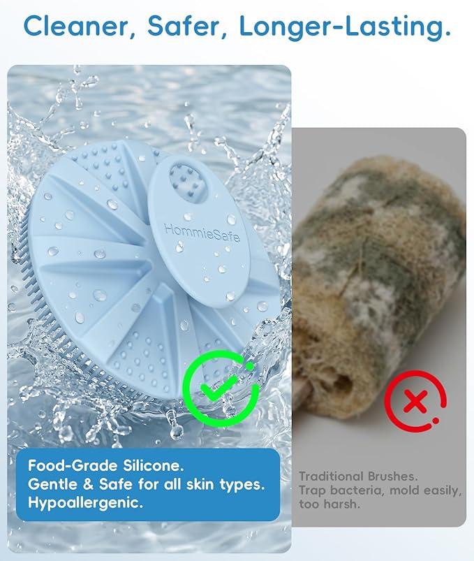 Soft Silicone Shower Brush Body Wash Bath Exfoliating Skin Massage Scrubber, Dry Skin Brushing Glove Loofah, Fit for Sensitive and All Kinds of Skin(2 Pack Sky Blue+2 Pack Black)