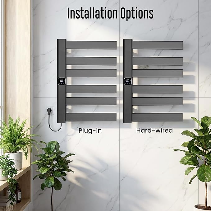 Towel Warmer, Heated Towel Rack with Built-in Timer and Temperature Control,Hard-Wired(Left-Wiring)/Plug-in Wall-Mounted Towel Rail, Aluminum，18.8" W X 25.6" H, Black