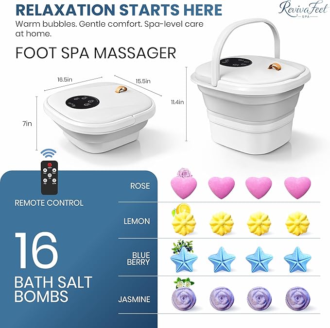 Collapsible Foot Spa Electric Rotary Massage, Heated Foot Bath with Bubbles and Temperature Control. Foot Bath Soak Tub with Remote, 16 Motorized Shiatsu Massage Balls & 16 Salt Bombs