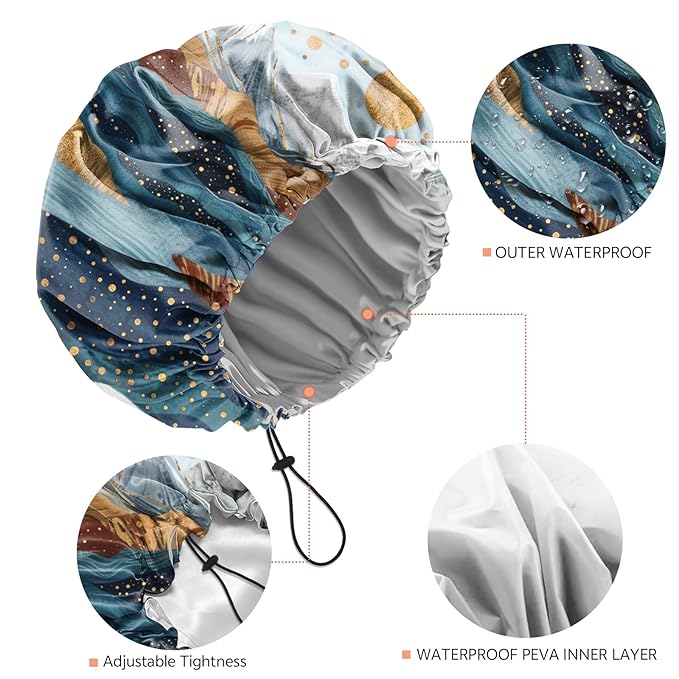Shower Cap Reusable Double Layer Adjustable Elastic Waterproof EVA Hair Bath Caps for Women Girls Cute Aesthetic-Mountain