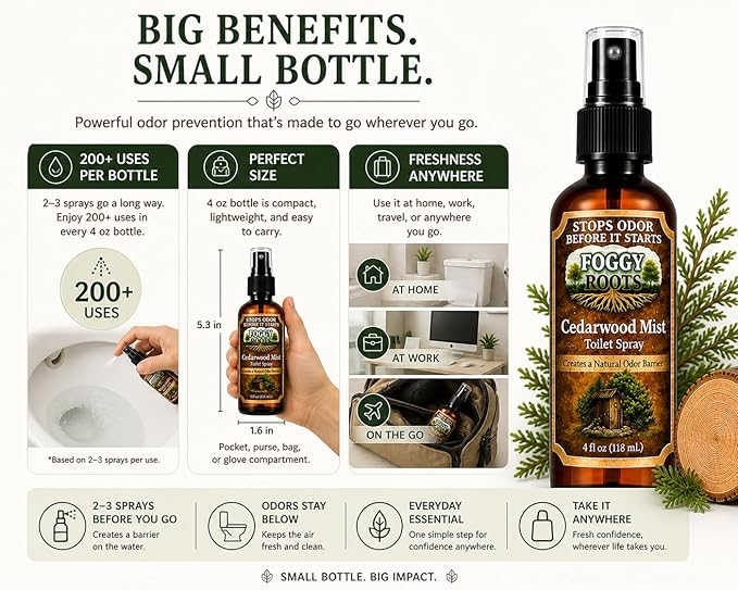 Cedarwood Pre-Poop Toilet Spray – Stops Odor Before It Starts, Bathroom Odor Eliminator, 4 oz (200+ Uses), Travel, Home & Work