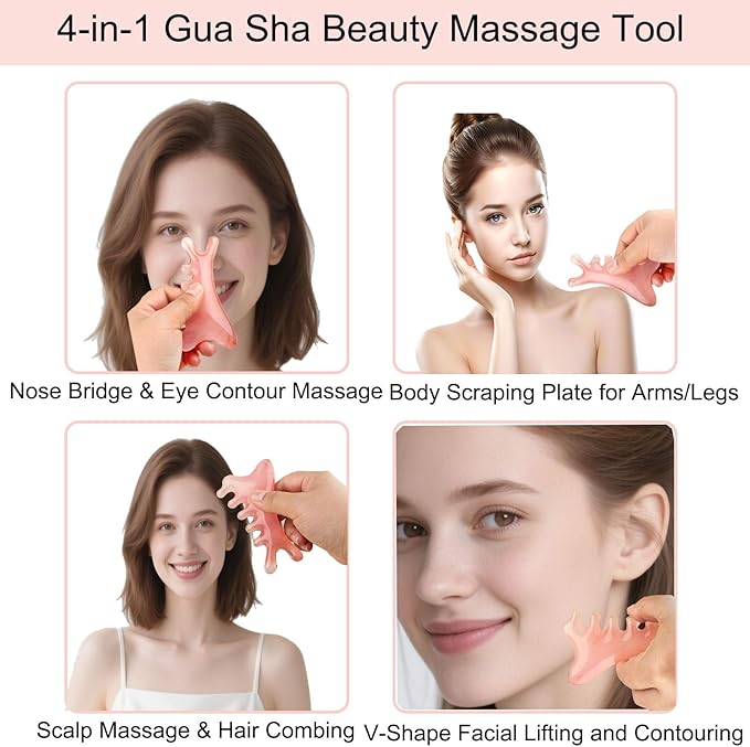 Gua Sha Facial Tools,4 in 1 Resin Head Massager Scalp Comb with Gift Pouch,Guasha Tool for Face, Eye & Body Lymphatic Drainage, Nose Sculpting&Jaw Lifting ,Gifts for Mom Girl Sister Friend (Pink)