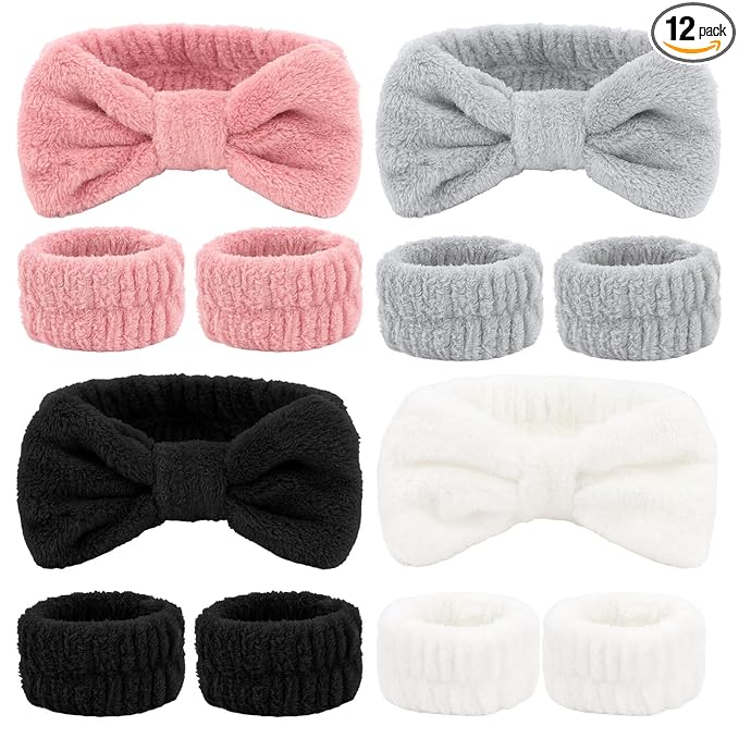 CIEHER 12 PCS Makeup Headband for Women Wrist Washband Scrunchies Cuffs for Washing Face, Soft Bow Hair Band Matching WriMakeup Headband for Women stbands (White, Pink, Grey, Black)