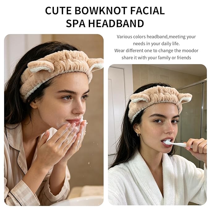 PERFECTSIGHT Kawaii Headband for Spa, Makeup, Washing Face, Party - 2 Pack Cute Hair Band for Shower Beauty Skincare, Soft Facial Headbands for Girls and Women (Blue+Coffee Ear)