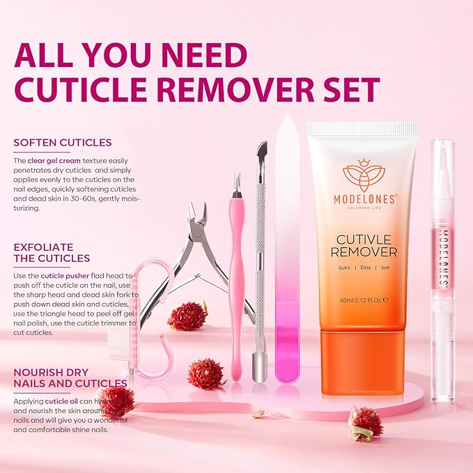 Modelones Cuticle Remover Kit Cuticle Remover Liquid & Cuticle Oil Cuticle Care Kit w/Cuticle Trimmer Cuticle Pusher & Cuticle Nipper for DIY Nail Manicure Removedor de Cuticula for Nail Care
