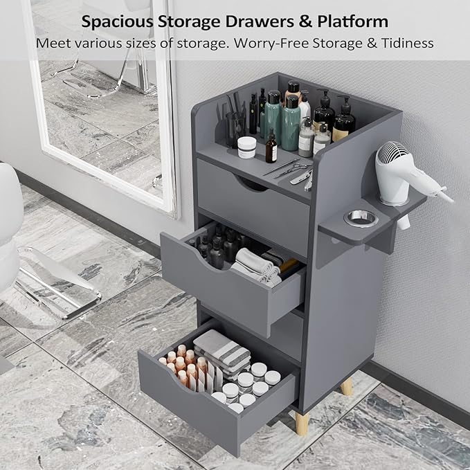 OmySalon Salon Station, 4 -Layer Beauty Barber Salon Styling Station Organizer Equipment, Hair Stylist Storage Cabinet with 2 Hair Dryer Holders, 4 Drawers and Raised Table Legs, Grey