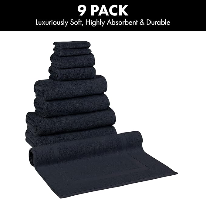Classic Turkish Towels CTT - 9 Piece Premium Towel Set, 100% Turkish Cotton, Highly Absorbent & Comfy, Includes 2 Bath Towels, 2 Hand Towels, 2 Washcloths, 2 Bath Sheets & 1 Bath Mat | (Black)