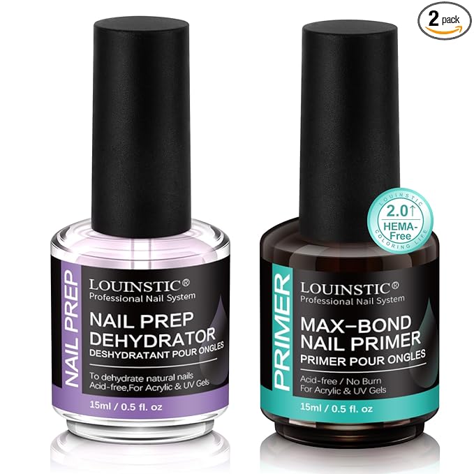 LOUINSTIC Nail Prep Dehydrator and Acid-Free Primer, Quick-Dry & Safe for Nails, for UV Gel, Acrylic, Gel Nail Polish & Press-On Nails Hema-Free – Professional Salon & DIY Manicure Kit, 15ml