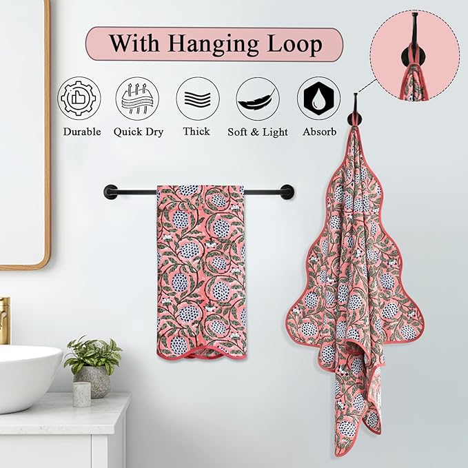 Ridhi Block Print Dark Salmon Cotton Spa/Beach Towel 27"x54" Set of 2 Handmade Bath Towel, Quick Dry Turkish Style Bath, Soft Absorbent Luxury Towel for Home, Gym & Spa, Boho Bathroom Décor