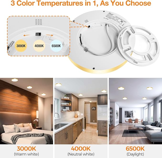 slochi 1PACK LED Flush Mount Ceiling Light Fixture, 3000K-4000K-6500K & 100W Equivalent Modern Kitchen Recessed Ceiling Lamp 12W 1200Lm 6.5 Inch Closet Round Surface for Bathroom Laundry Hallway-Gold