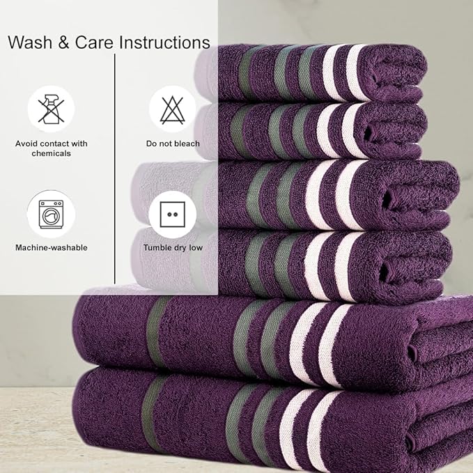 CASA COPENHAGEN Exotic 6Pcs 100% Egyptian Cotton Designer Towels Gift Set- Dark Purple, 550GSM,2Bath2Hand2Washcloths,Bath Towels for Bathroom (Box Pack,Gift Ribbon Set for Women & Men)