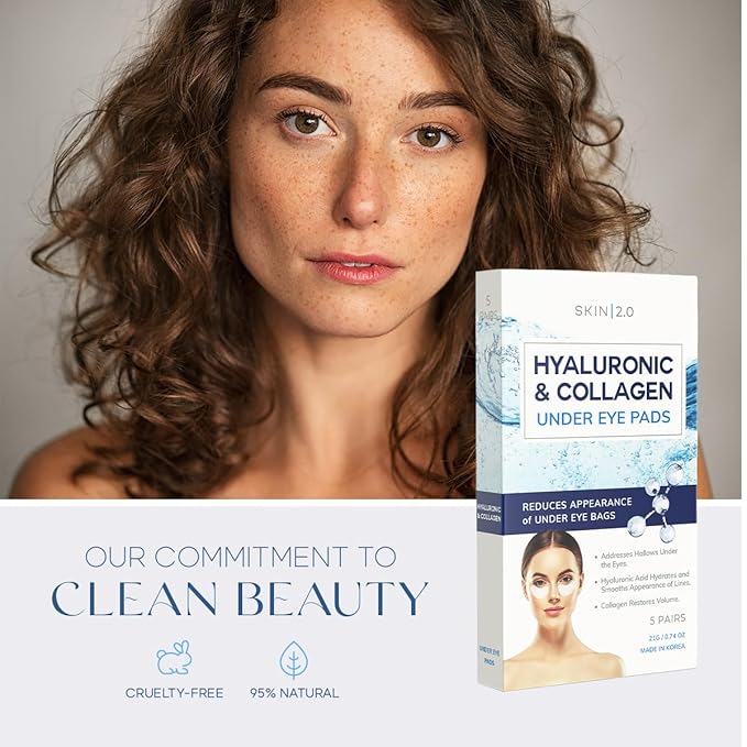 Skin 2.0 Hyaluronic Acid and Collagen Under Eye Patches - Anti-aging, Reduces Eye Bags & Wrinkles, Firming & Hydrating Eye Pads - Cruelty Free Korean Skin Care - All Skin Types - 5 Pairs