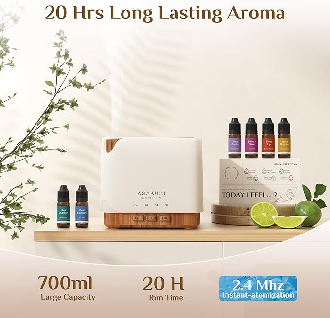 ASAKUKI Essential Oil Diffuser for Home, Large 700 ml Aromatherapy Humidifier with Top 6 Essential Oil Sets, Automatic Shut-Off, 7 LED Lights for Living Room, Bedroom, Hotel, Gift for Mom - Yellow