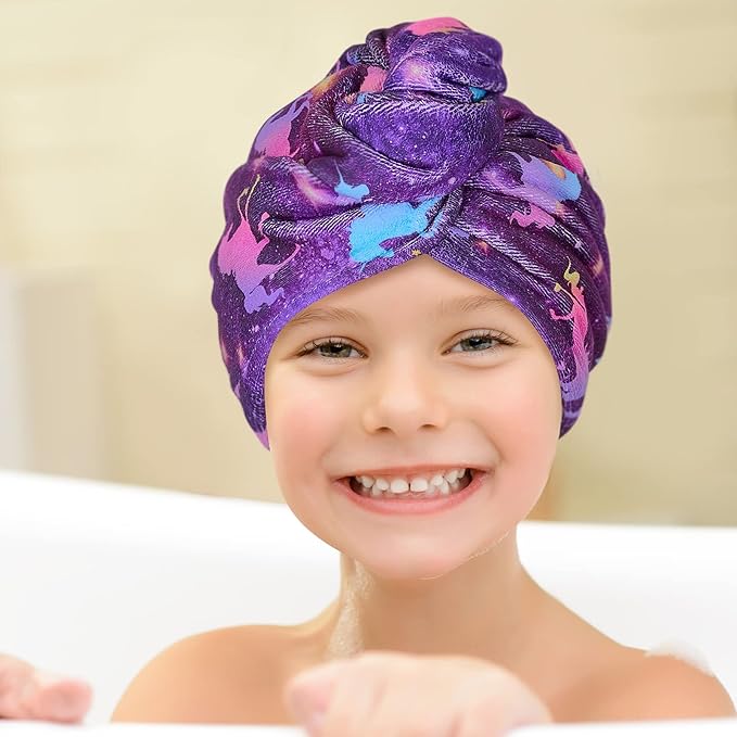 Basumee Microfiber Hair Towel Wrap for Kids 2 Pack Rapid Drying Hair Towel with Button Hair Turbans for Wet Hair Wraps Head Towel Wrap for Women and Girls, Dark Unicorn