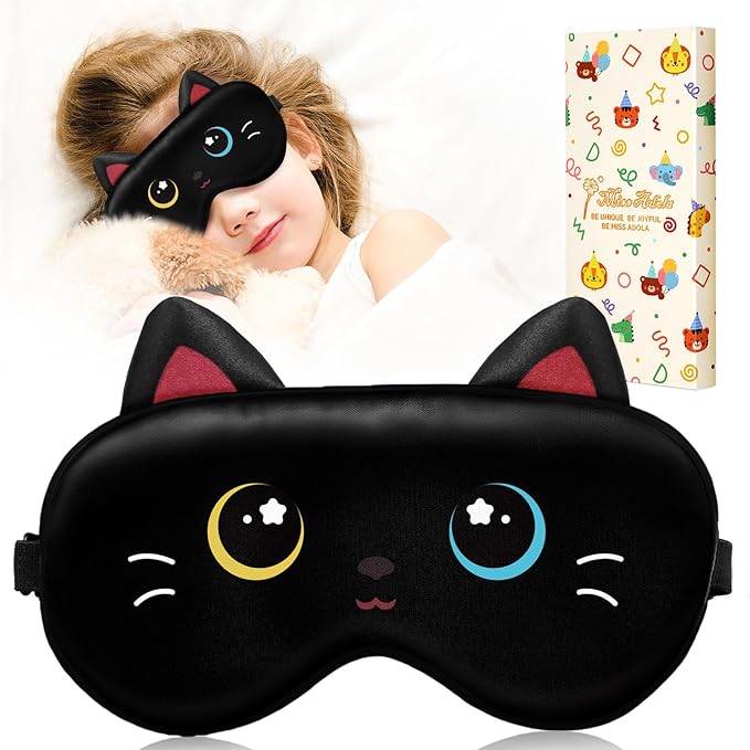 Miss Adola Sleep Mask for Kids - Valentines Gift for Kids Cute Silk Eye Cover for Sleeping Soft Kawaii Eyeshade Animal Eye Blindfold with Adjustable Strap for Girls Teens, Black Cat