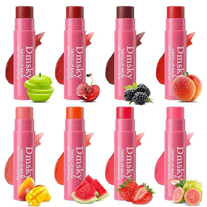Dmsky 16 Pack Fruity Tinted Lip Balm Bulk,3-In-1 Moisture,Repair and Color Lip Tint Stain,8 Assorted Flavors Lip Balms & Moisturizers Bulk Gifts for Women,0.15 OZ Natural Lip Balm Tinted with Beeswax