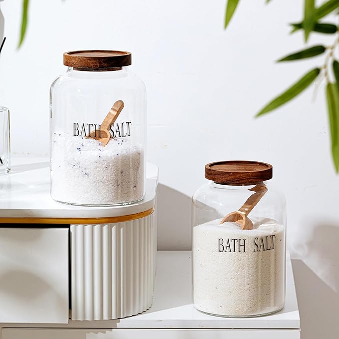 SiliFine 2 Sets 74 oz Large Bath Salt Container with Wooden Scoop for Glass Bath Salt Jar with Airtight Lid Storage Canister for Food, Flour, Sugar, Cookie, Kitchen