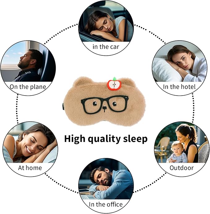 PERFECTSIGHT Sleep Eye Masks, Cute Plush Sleep Eye Cover Lightweight Adjustable Eyeshade Faux Fur Mask Cover for Women Kids Girl Sleep Travel Nap, Glasses Bear