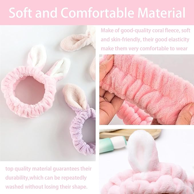 musejoy 2 Pcs Headband Bunny Ears Headband Cute Spa Headbands for Washing Face Skincare Makeup Headbands for Women Girls Trendy Stuff Present Soft Coral Fleece Hair Accessories(Grey+Dusty Pink)