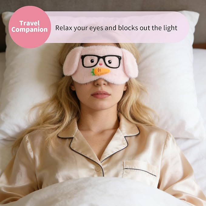 PERFECTSIGHT Sleep Eye Masks, Cute Plush Sleep Eye Cover Lightweight Adjustable Eyeshade Faux Fur Mask Cover for Women Men Kids Sleep Travel Nap, Glasses Bunny