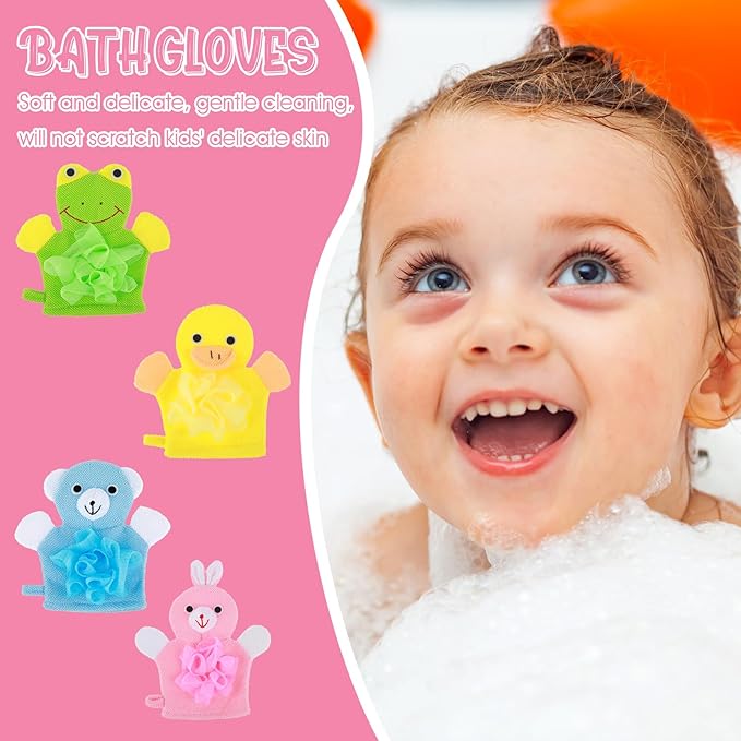 Dimeho Kids Bath Gloves, 4/2pcs Shower Gloves Loofah for Kids Exfoliating BathGlove Body Scrub Glove Exfoliating Scrubber BallEasy to Lather Lovely Animal Colorful Design (3)